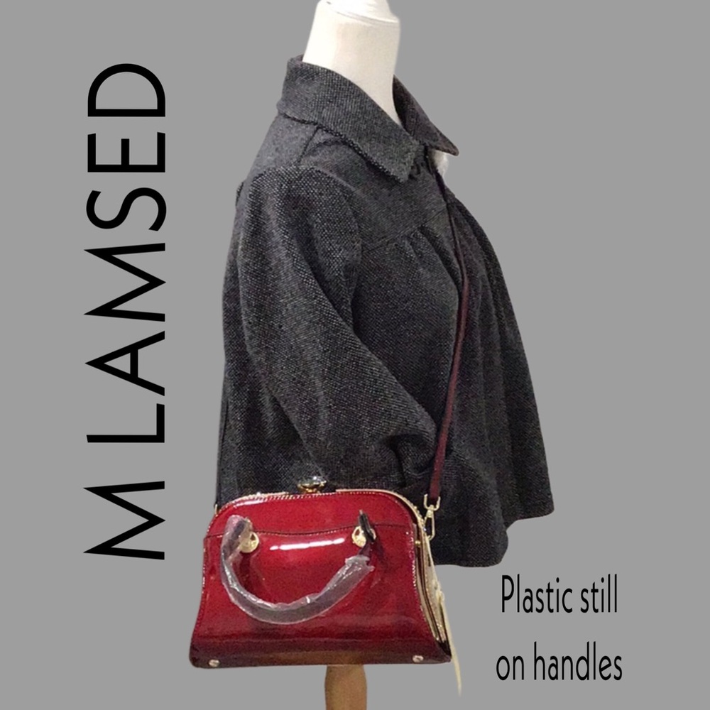 NWT LAMSED Patent Leather Frame Handbag Shoulder Bag Rhinestones Red Wine Color